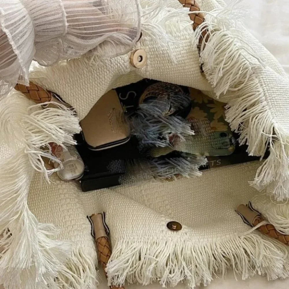 Letter Embroidered Fringe Trim canvas Crochet Bag - Picture 5 of 8